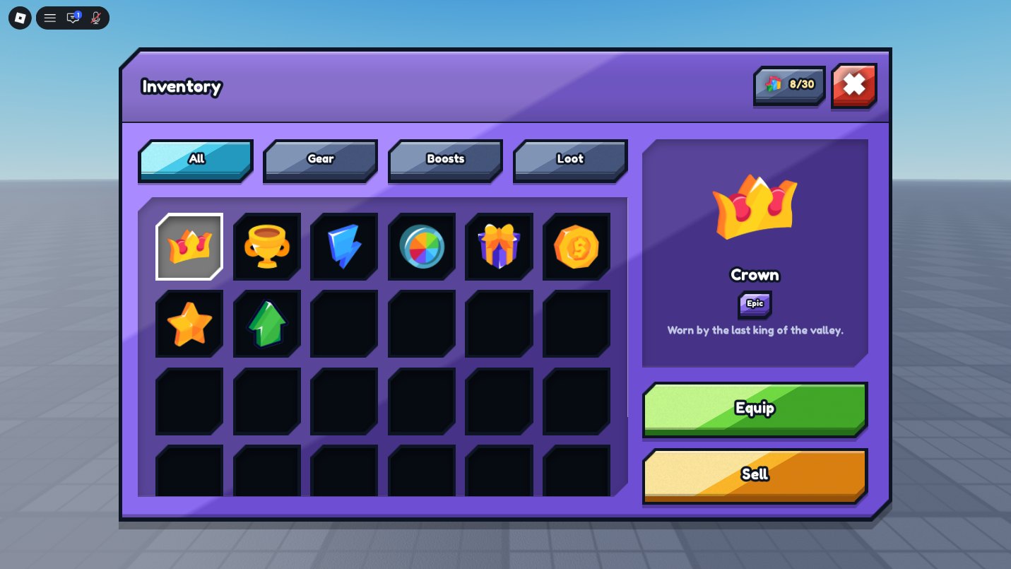 The inventory screen: All, Gear, Boosts and Loot tabs, a grid of item slots holding a crown, a trophy and other items, and a detail panel showing a Crown marked Epic with Equip and Sell buttons.