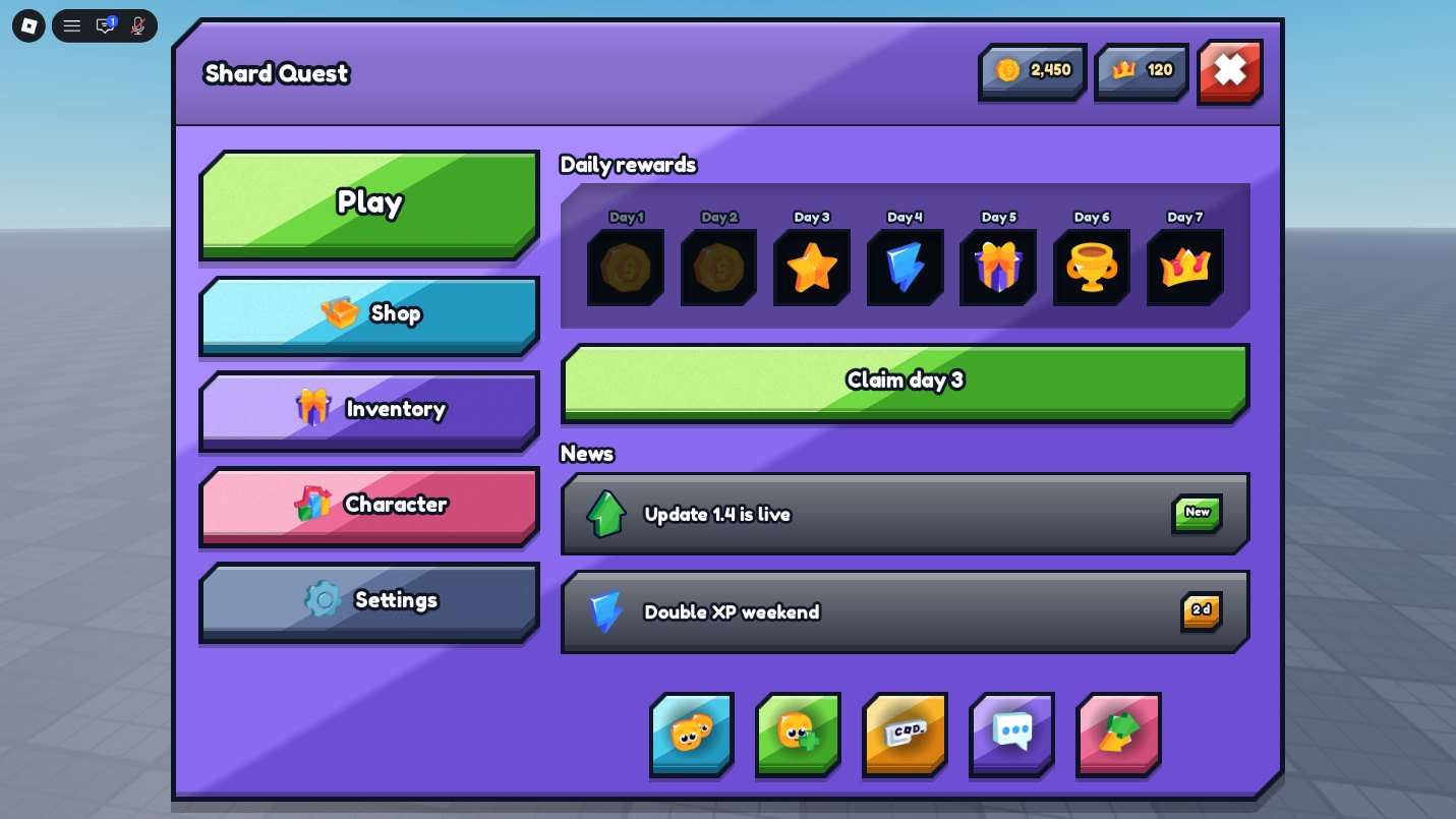 The Shard Quest main menu in a Roblox game: Play, Shop, Inventory, Character and Settings buttons down the left, a seven day daily rewards strip with a Claim day 3 button, two news rows and a row of icon buttons.