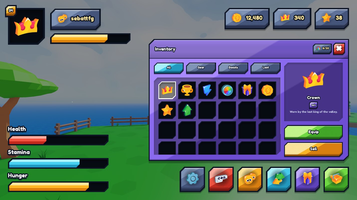 A Roblox game running the UI Pack Plus HUD and inventory at once: coin, crown and star counters along the top, health, stamina and hunger bars down the left, six icon buttons along the bottom, and a purple inventory window holding a grid of item slots, four category tabs, and a detail panel showing a Crown marked Epic with Equip and Sell buttons.