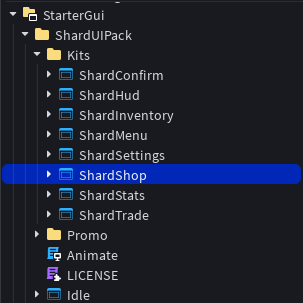 The Roblox Studio Explorer showing the Kits folder inside ShardUIPack with its eight ready-made screens listed, ShardShop highlighted as the one being copied.
