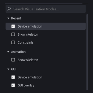 Studio's visualization modes panel, with Device emulation ticked, listed under Recent and again under GUI.
