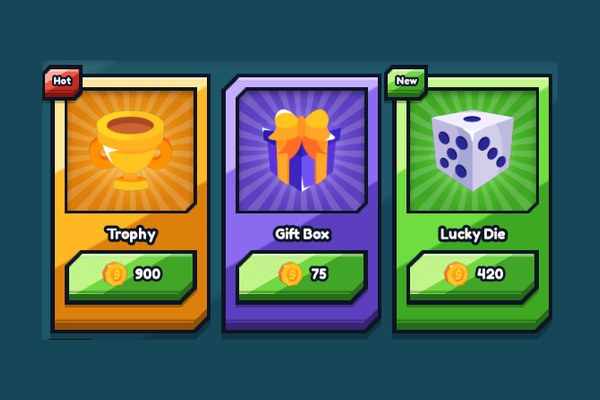 Three shop item cards side by side: a Trophy badged Hot at 900, a Gift Box at 75 and a Lucky Die badged New at 420, each price on a green button.
