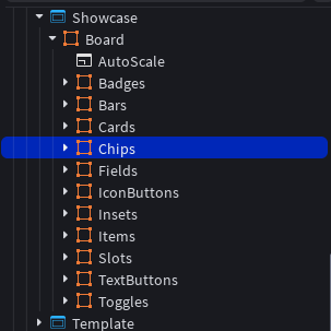 The Roblox Studio Explorer showing the showcase board opened up, with its folders of ready-made parts listed: Badges, Bars, Cards, Chips, Fields, IconButtons, Insets, Items, Slots, TextButtons and Toggles.